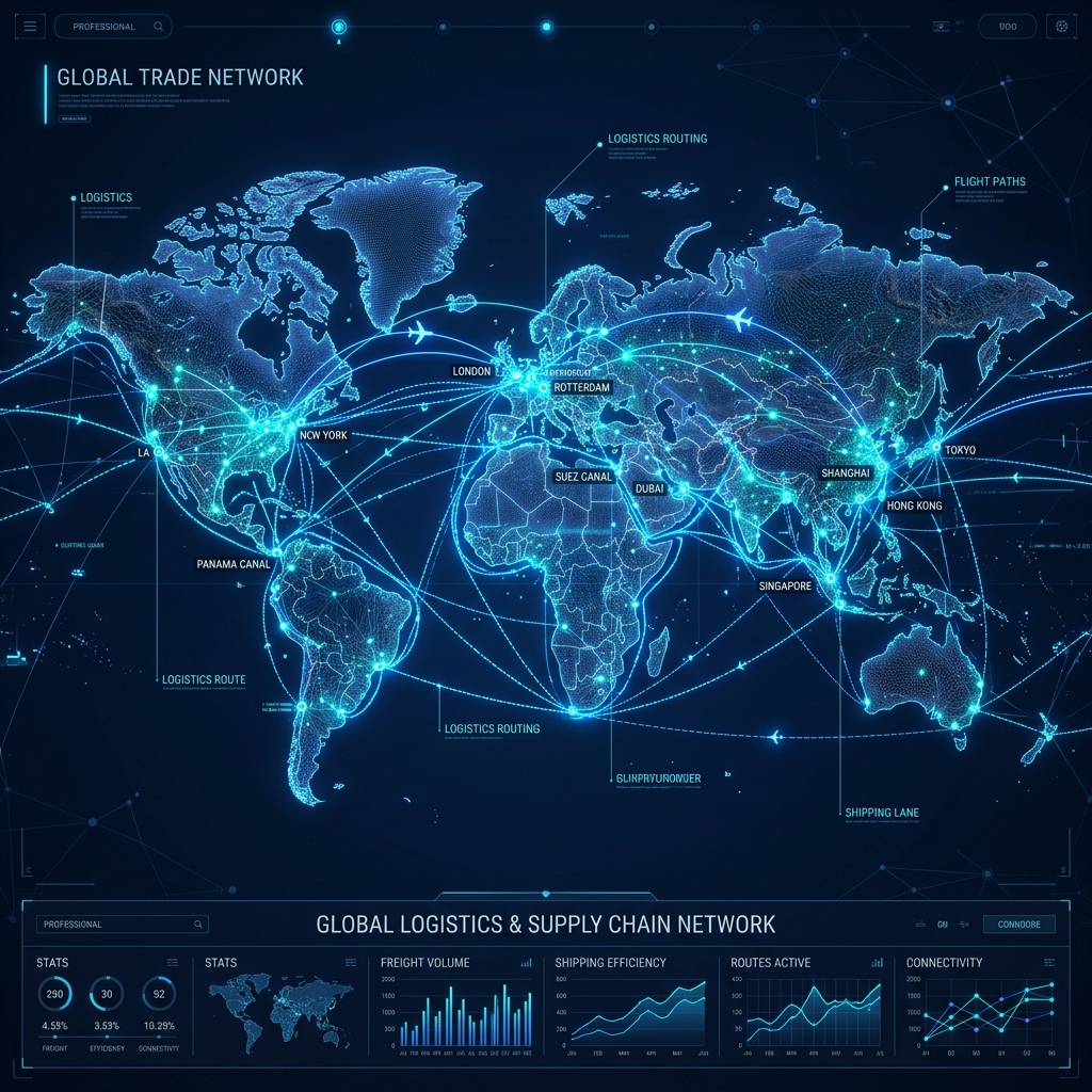 Nationwide logistics network connection map graphic showing major hubs